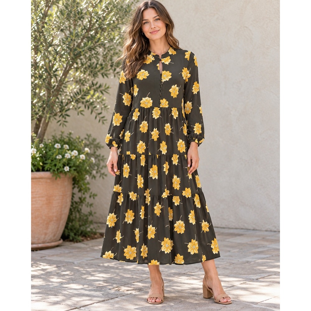 Madewell Fall Flowers Tiered Midi Dress S Olive Yellow Floral AB370